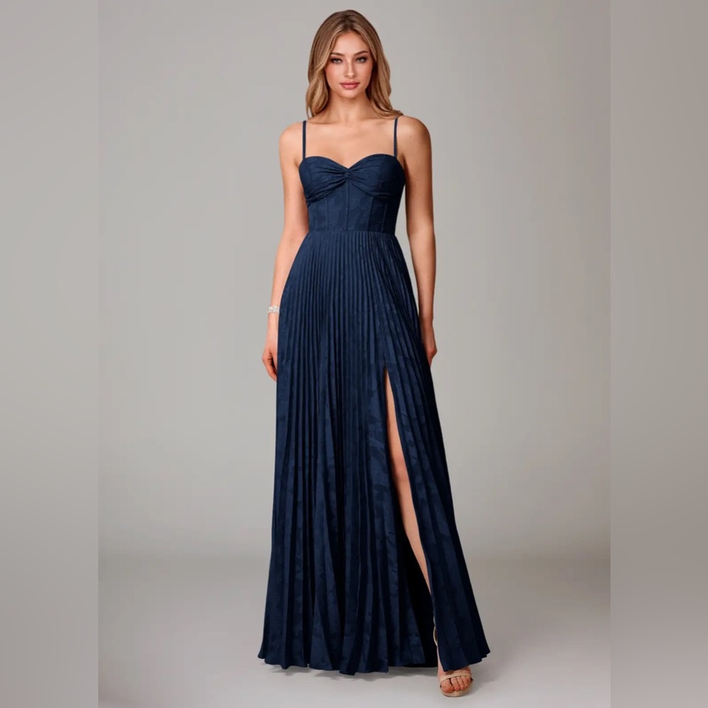 Azazie Atelier Akiko Navy Pleated Maxi Dress - Formal Gown with Slit